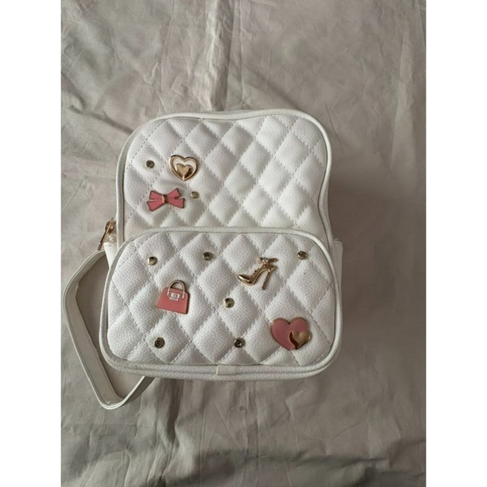 Under One Sky Mini Backpack Quilted White Gold Pink Heart Purse Bag Charms
